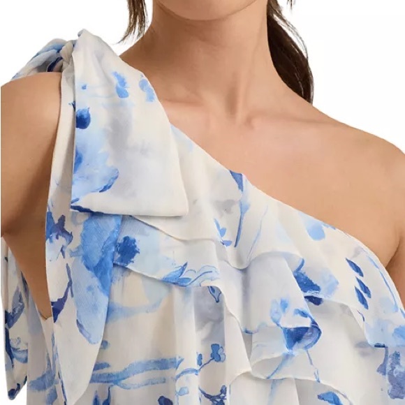 Ralph Lauren Blue Floral One-Shoulder Dress Size 14 NWT white and blue - Picture 6 of 6
